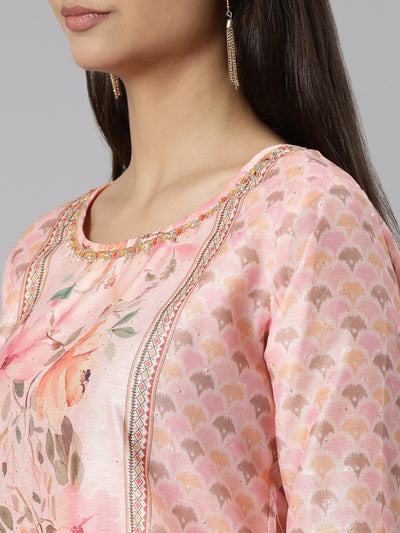 Neeru's Pink Regular Straight Floral Kurta And Trousers With Dupatta