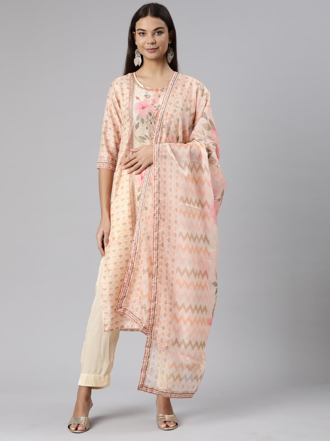 Neeru's Peach Regular Straight Floral Kurta And Trousers With Dupatta