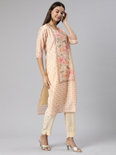 Neeru's Peach Regular Straight Floral Kurta And Trousers With Dupatta