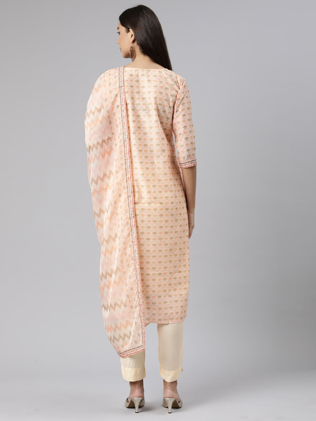 Neeru's Peach Regular Straight Floral Kurta And Trousers With Dupatta