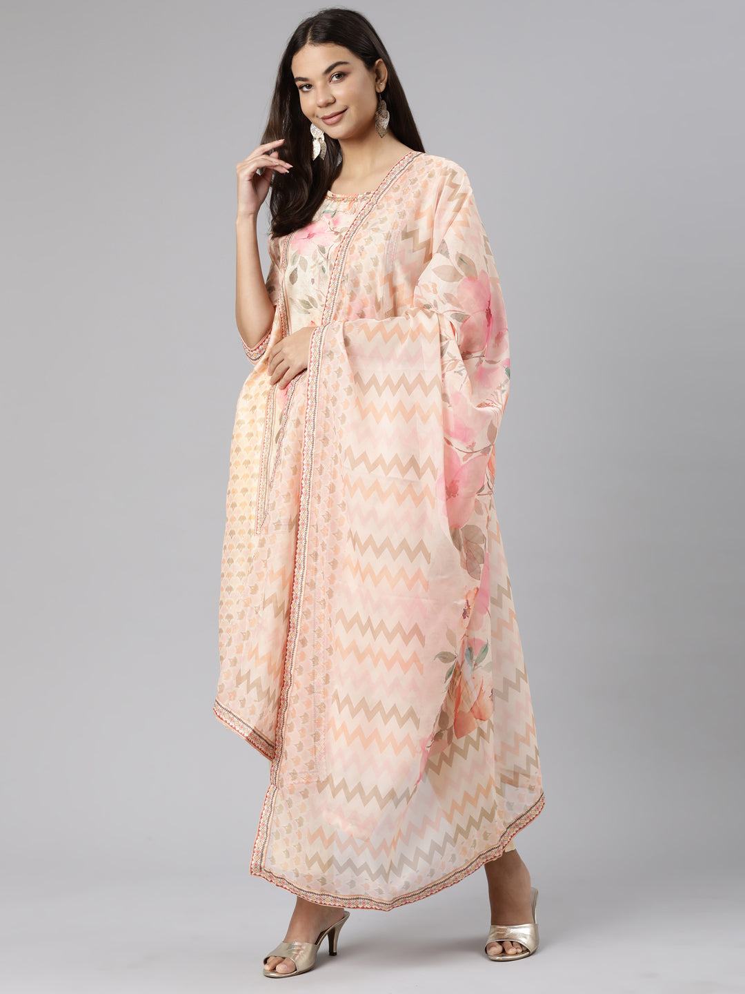 Neeru's Peach Regular Straight Floral Kurta And Trousers With Dupatta