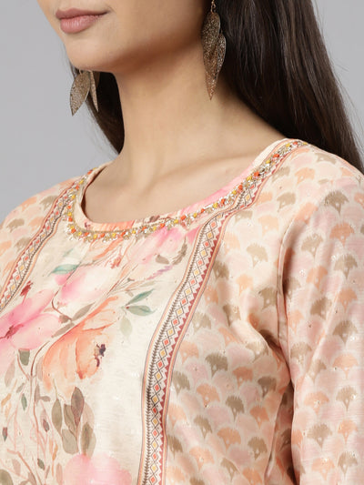 Neeru's Peach Regular Straight Floral Kurta And Trousers With Dupatta