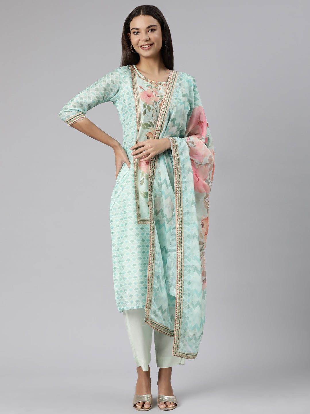 Neeru's Sea Green Regular Straight Floral Kurta And Trousers With Dupatta