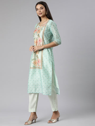 Neeru's Sea Green Regular Straight Floral Kurta And Trousers With Dupatta