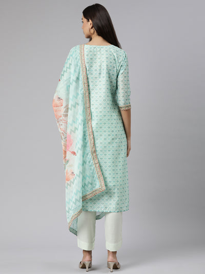 Neeru's Sea Green Regular Straight Floral Kurta And Trousers With Dupatta