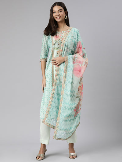 Neeru's Sea Green Regular Straight Floral Kurta And Trousers With Dupatta