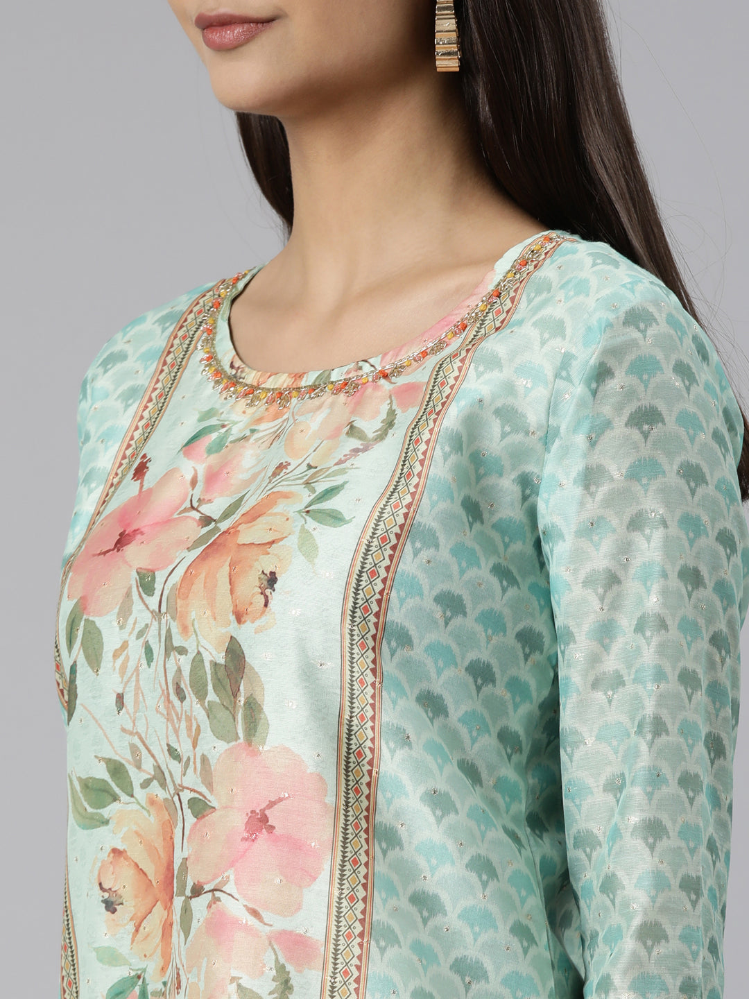 Neeru's Sea Green Regular Straight Floral Kurta And Trousers With Dupatta