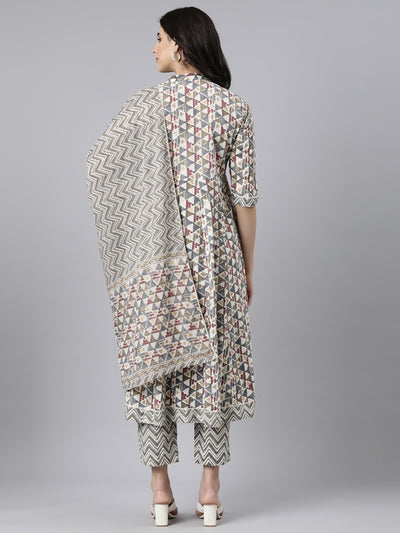 Neerus Multi Angrakha Straight Geometric Kurta And  Trousers With Dupatta