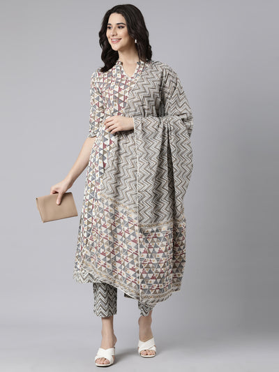 Neerus Multi Angrakha Straight Geometric Kurta And  Trousers With Dupatta