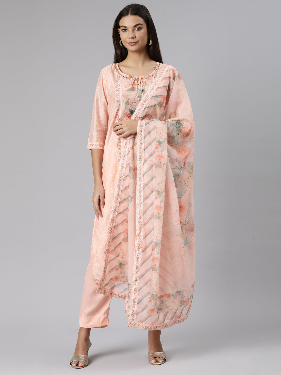 Neeru's Peach Regular Straight Floral Kurta And Trousers With Dupatta