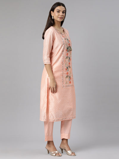 Neeru's Peach Regular Straight Floral Kurta And Trousers With Dupatta