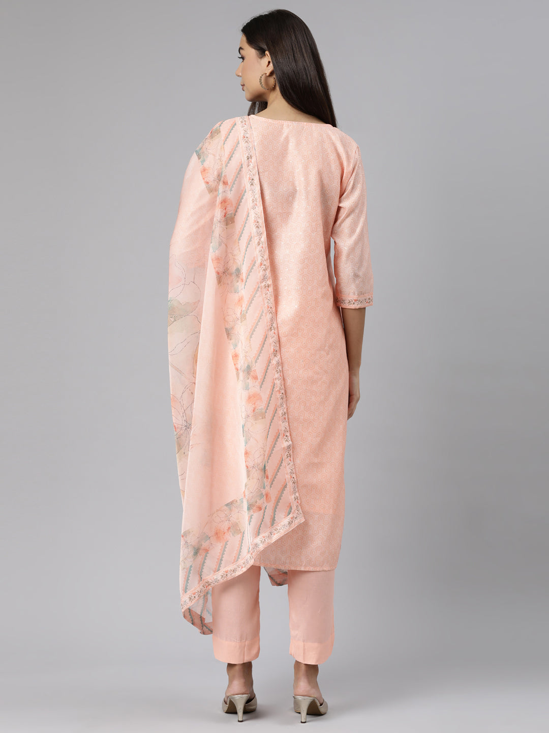 Neeru's Peach Regular Straight Floral Kurta And Trousers With Dupatta