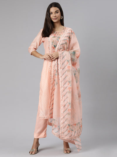 Neeru's Peach Regular Straight Floral Kurta And Trousers With Dupatta