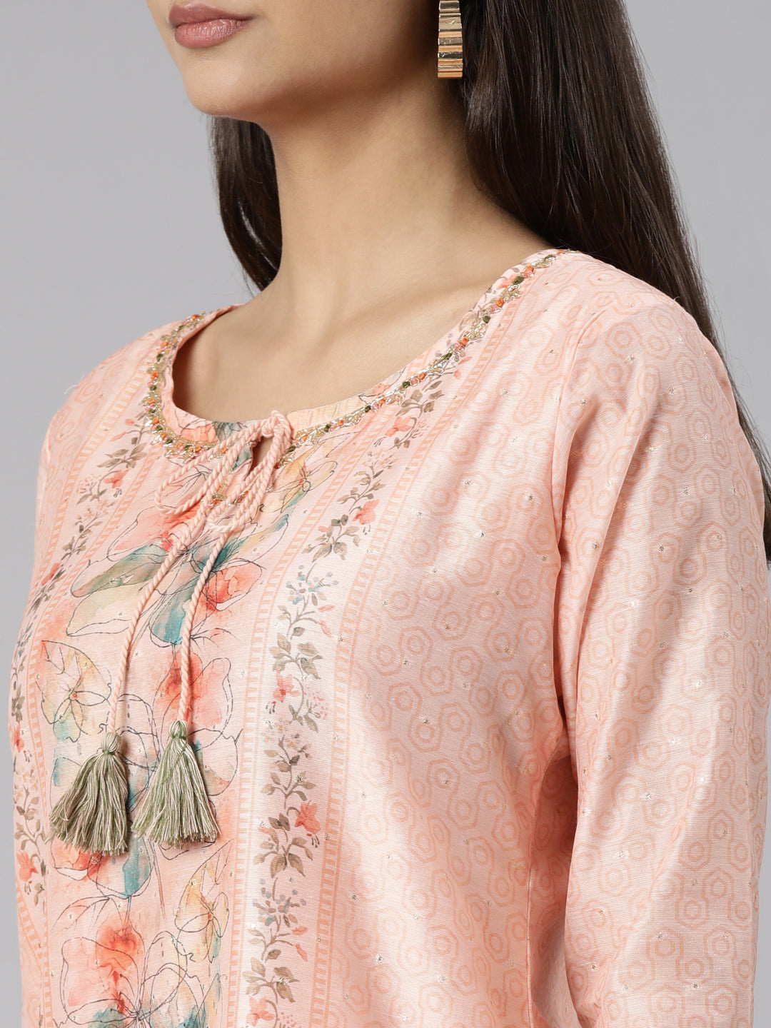 Neeru's Peach Regular Straight Floral Kurta And Trousers With Dupatta