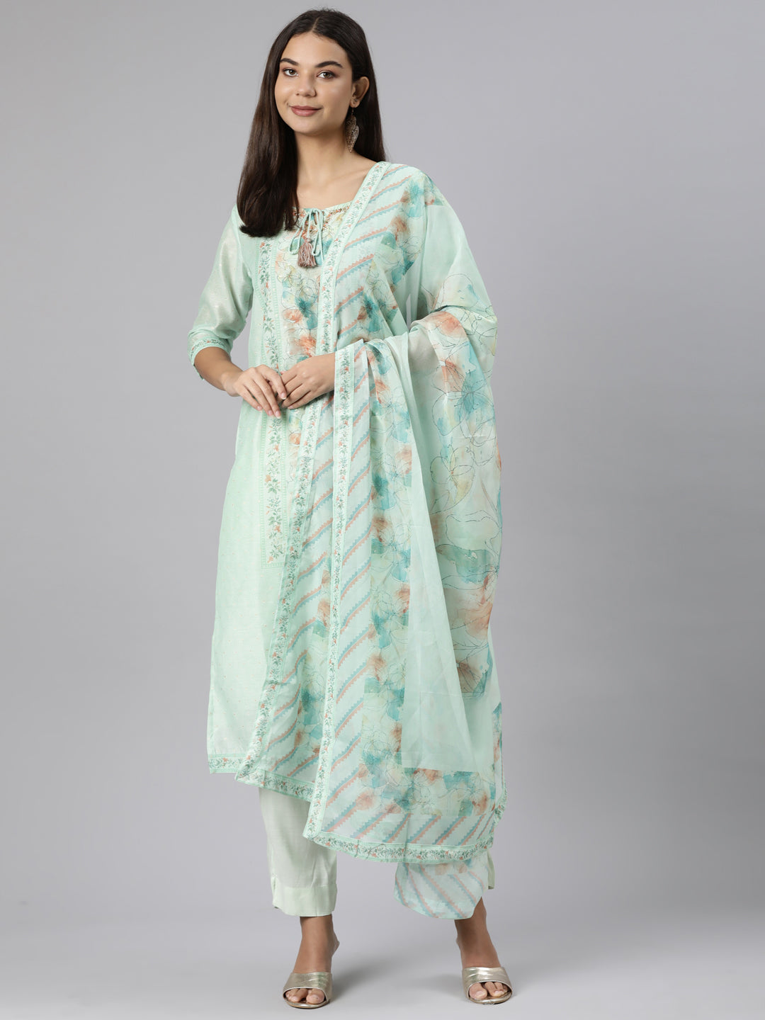 Neeru's Sea Green Regular Straight Floral Kurta And Trousers With Dupatta