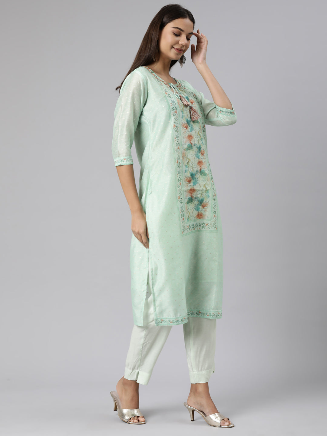 Neeru's Sea Green Regular Straight Floral Kurta And Trousers With Dupatta