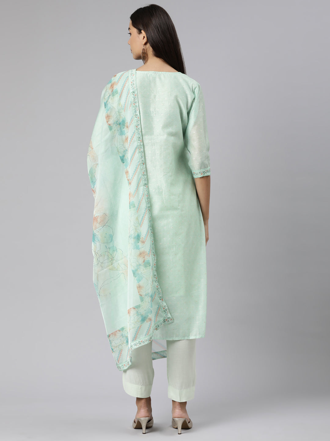 Neeru's Sea Green Regular Straight Floral Kurta And Trousers With Dupatta