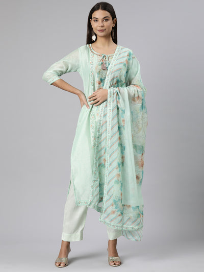 Neeru's Sea Green Regular Straight Floral Kurta And Trousers With Dupatta