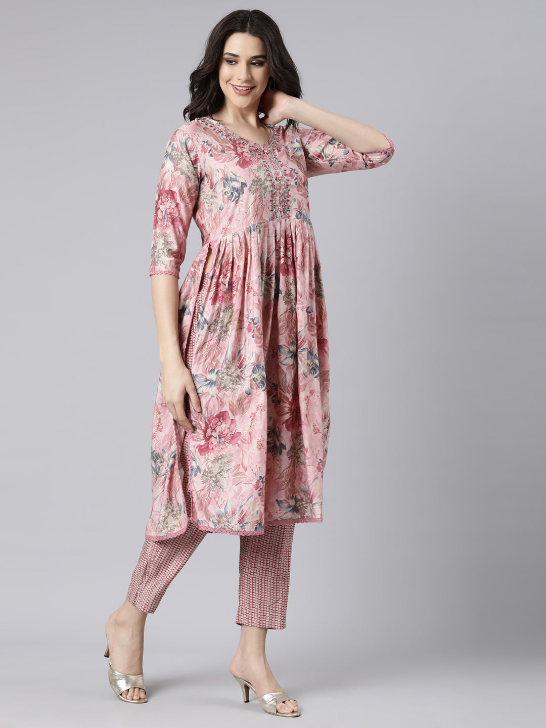 Neerus Pink Pleated Straight Floral Kurta And  Trousers With Dupatta