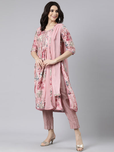 Neerus Pink Pleated Straight Floral Kurta And  Trousers With Dupatta