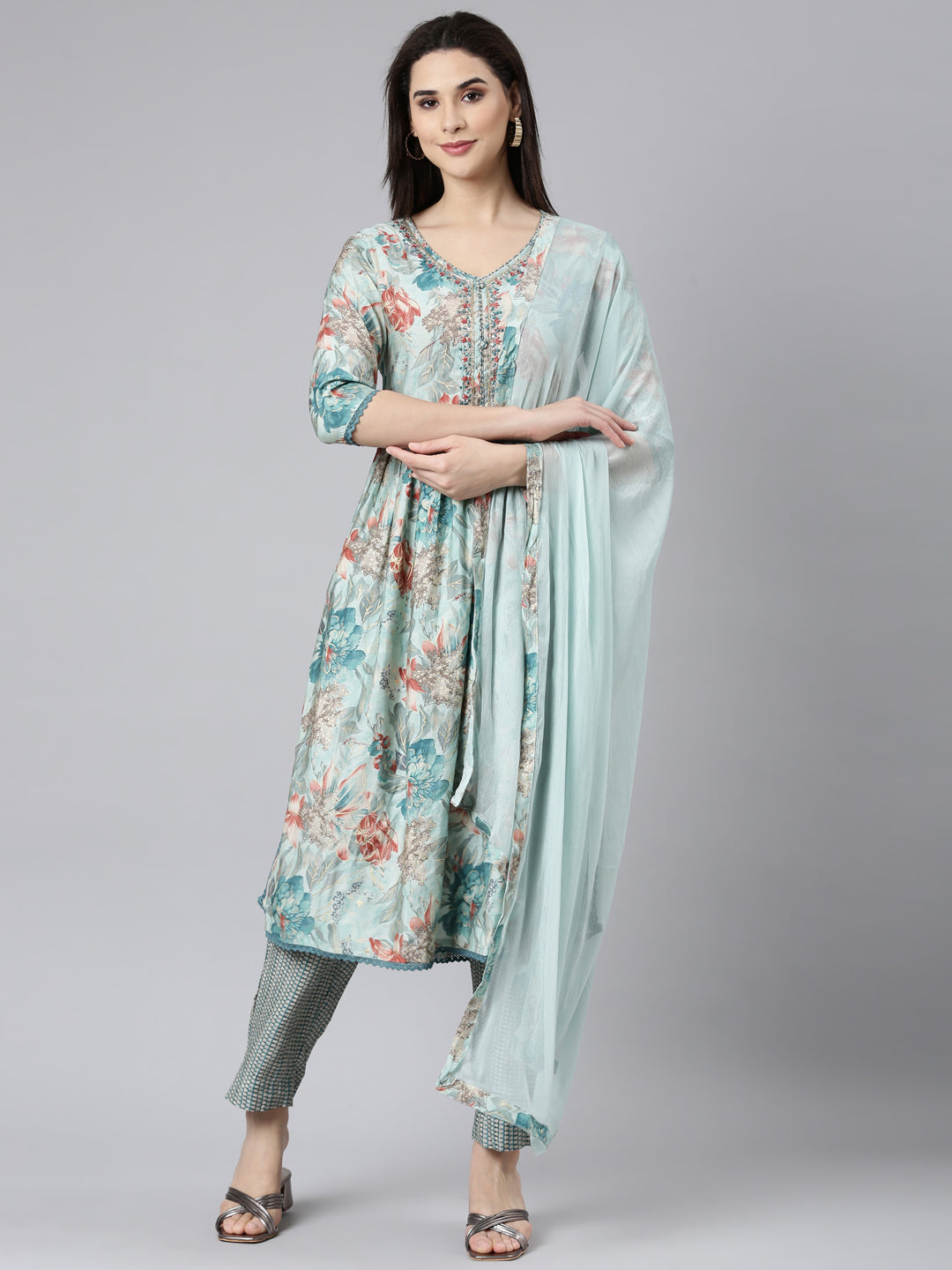 Neerus Blue Pleated Straight Floral Kurta And Trousers With Dupatta