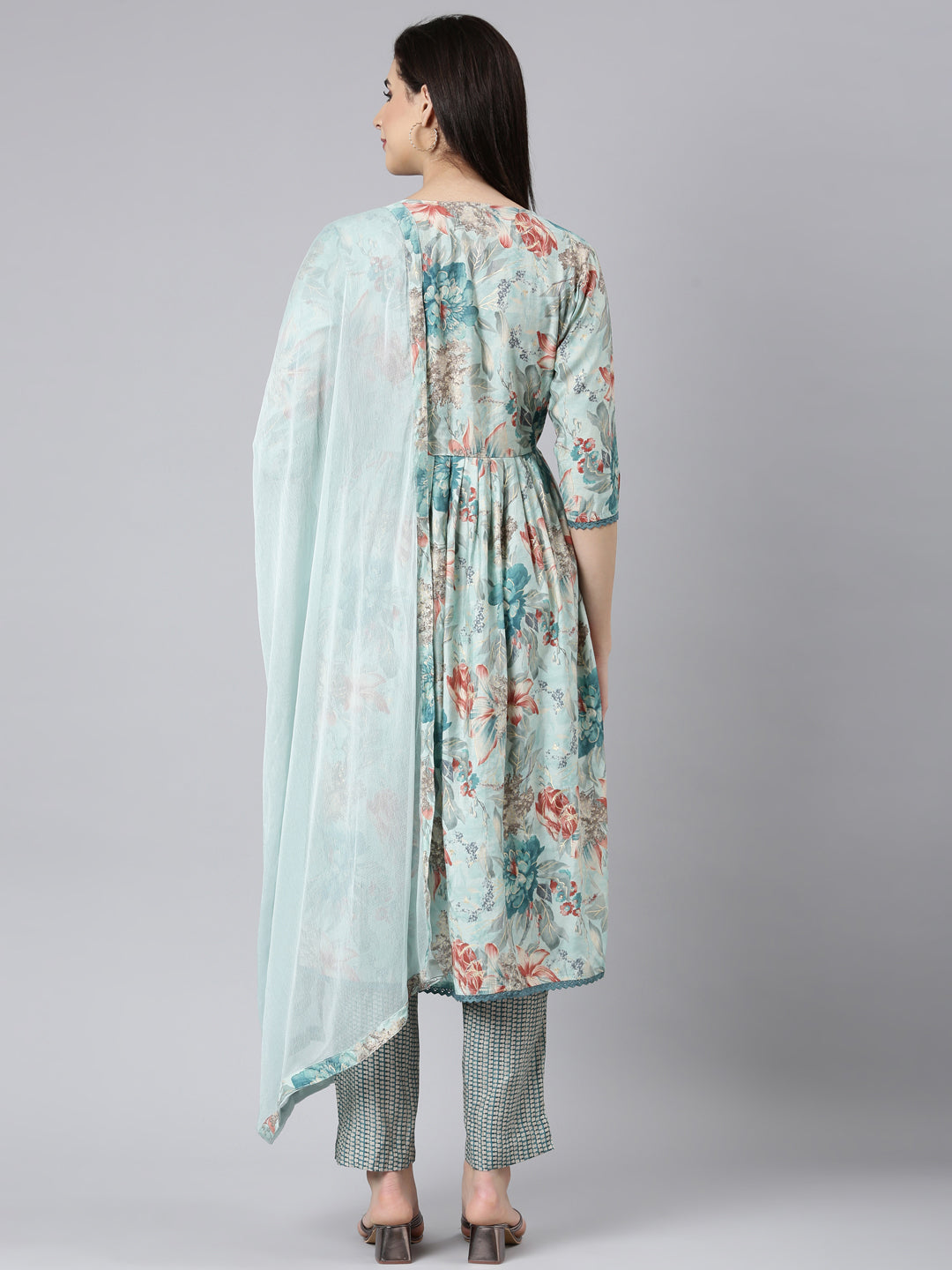 Neerus Blue Pleated Straight Floral Kurta And Trousers With Dupatta