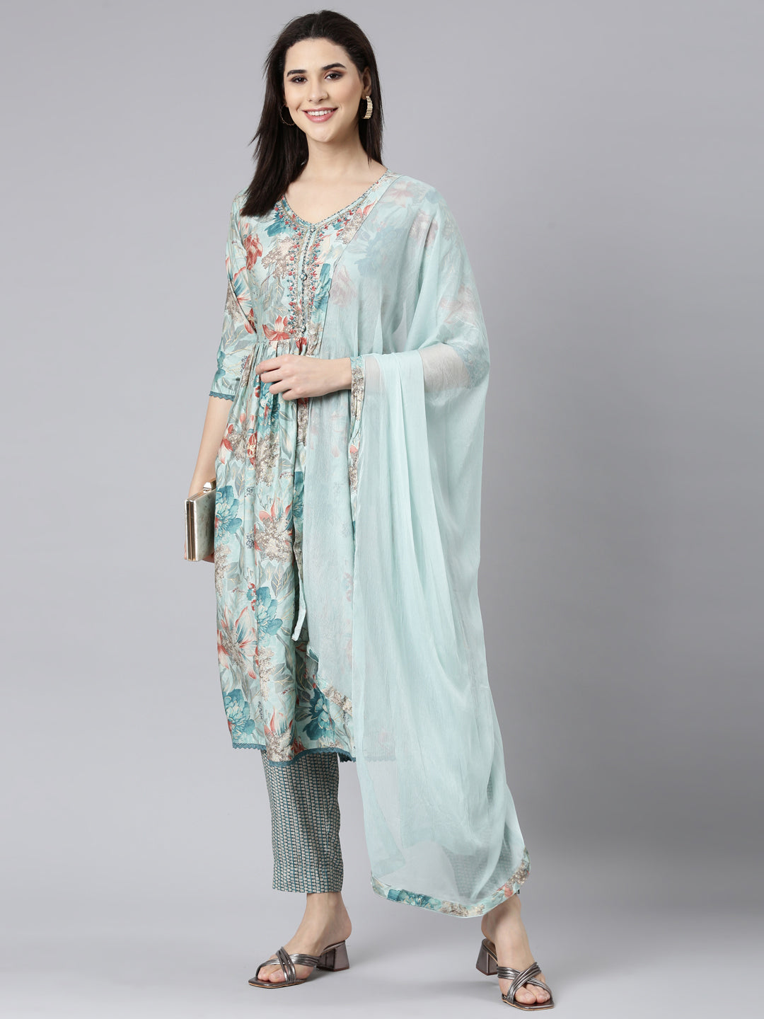 Neerus Blue Pleated Straight Floral Kurta And Trousers With Dupatta