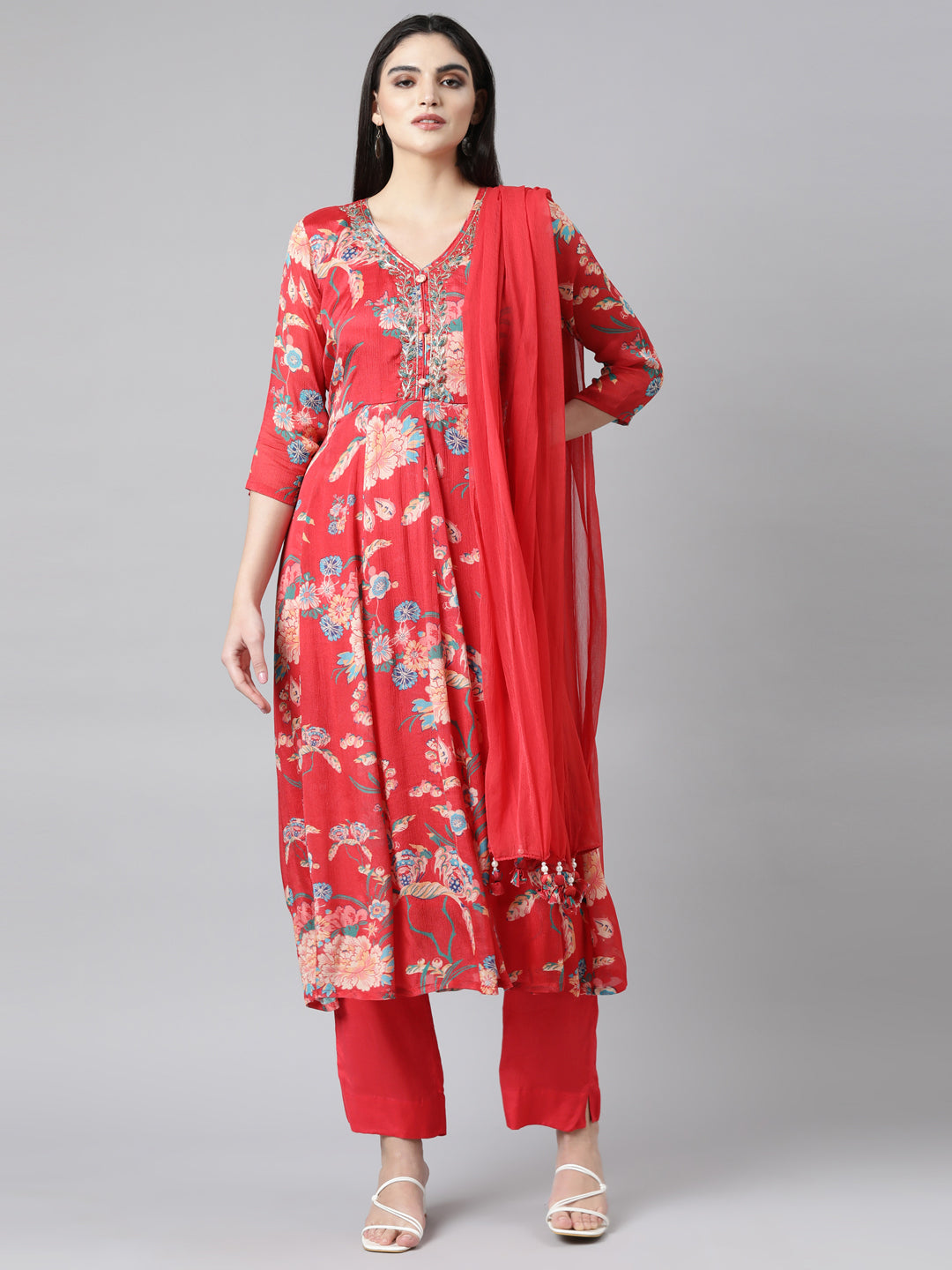 Neerus Red Regular Flared Floral Kurta And Trousers With Dupatta