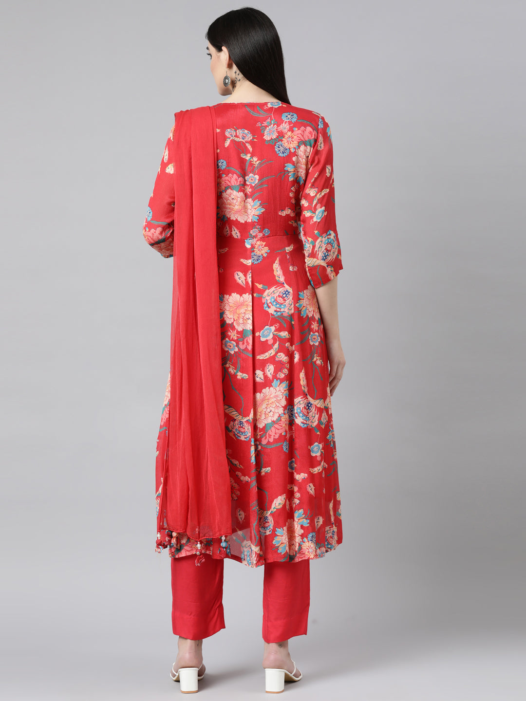 Neerus Red Regular Flared Floral Kurta And Trousers With Dupatta