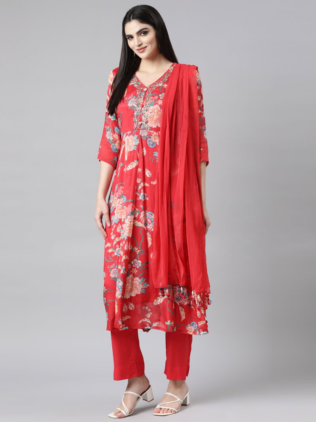 Neerus Red Regular Flared Floral Kurta And Trousers With Dupatta