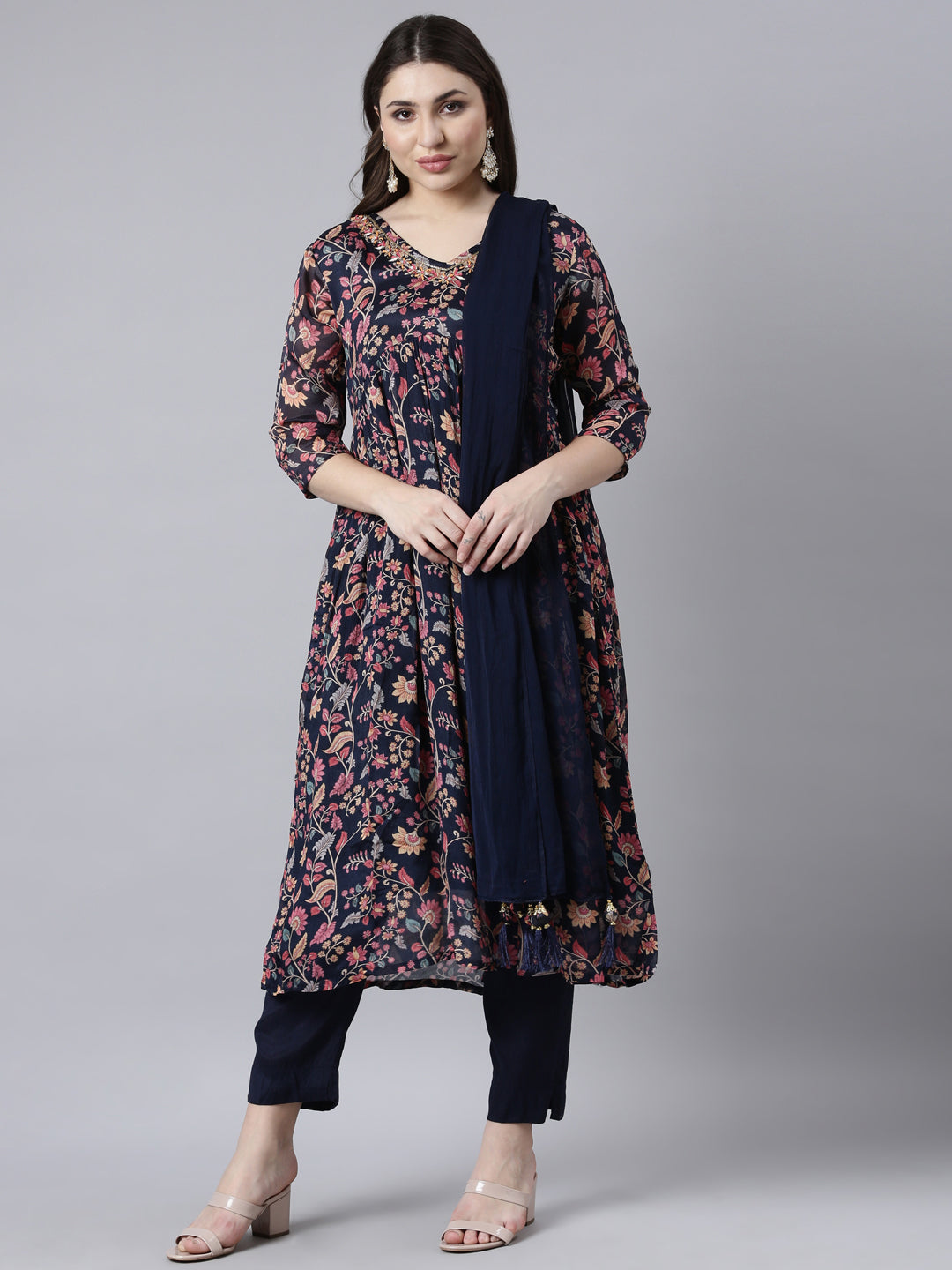 Neerus Navy Blue Pleated Straight Floral Kurta And Trousers With Dupatta