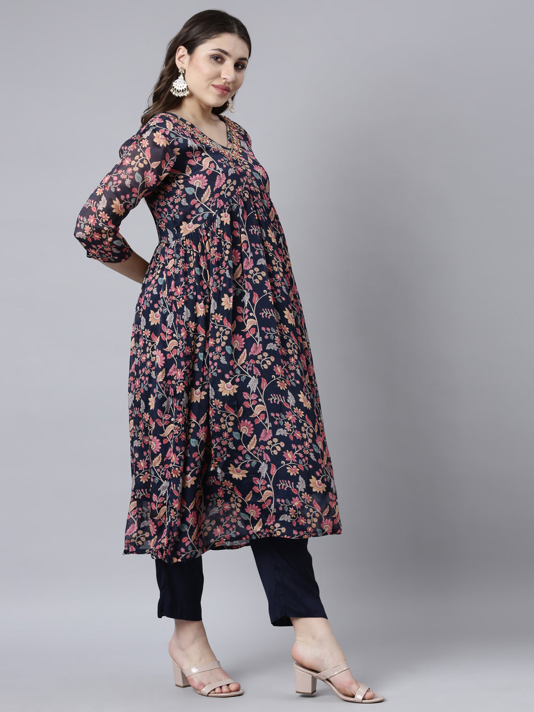 Neerus Navy Blue Pleated Straight Floral Kurta And Trousers With Dupatta