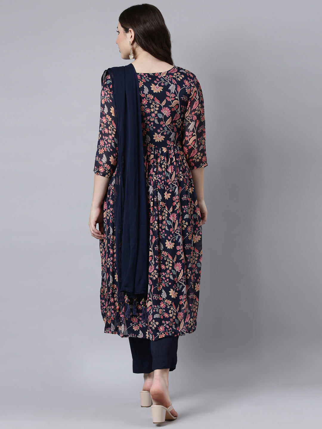 Neerus Navy Blue Pleated Straight Floral Kurta And Trousers With Dupatta