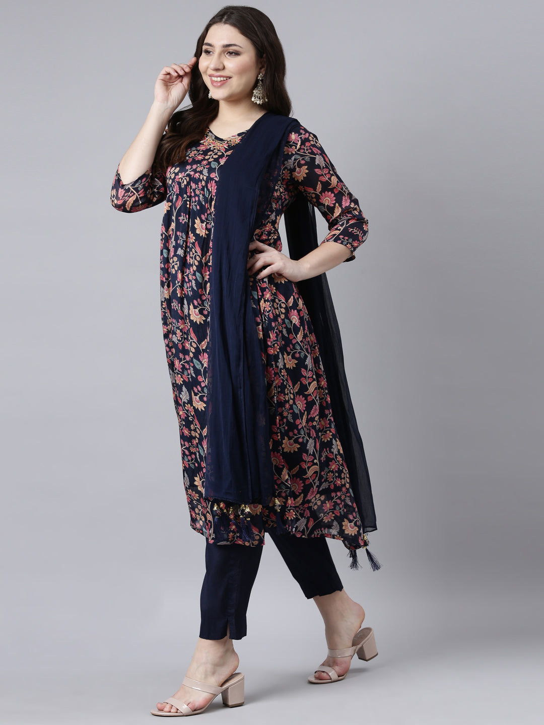 Neerus Navy Blue Pleated Straight Floral Kurta And Trousers With Dupatta