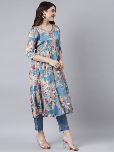 Neerus Blue Regular Straight Floral Kurta And Trousers With Dupatta