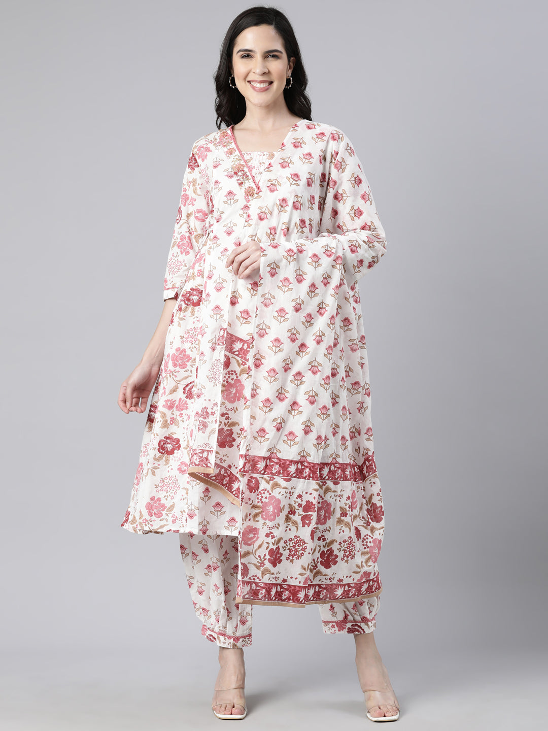 Neerus Pink Regular Straight Floral Kurta And  Salwar With Dupatta