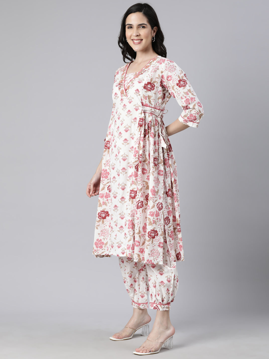 Neerus Pink Regular Straight Floral Kurta And  Salwar With Dupatta