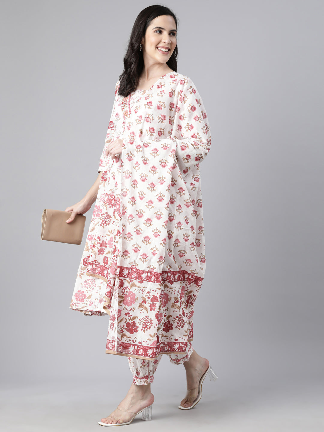 Neerus Pink Regular Straight Floral Kurta And  Salwar With Dupatta