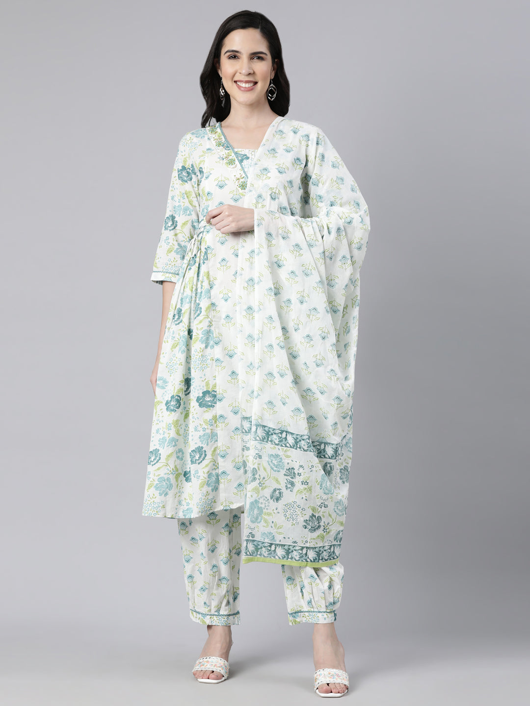 Neerus Green Regular Straight Floral Kurta And  Salwar With Dupatta