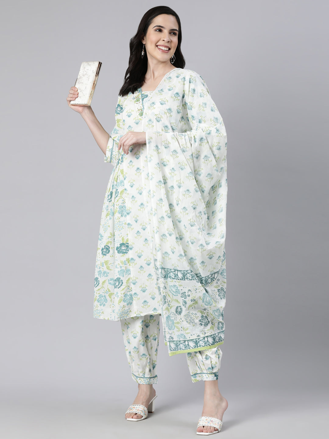 Neerus Green Regular Straight Floral Kurta And  Salwar With Dupatta