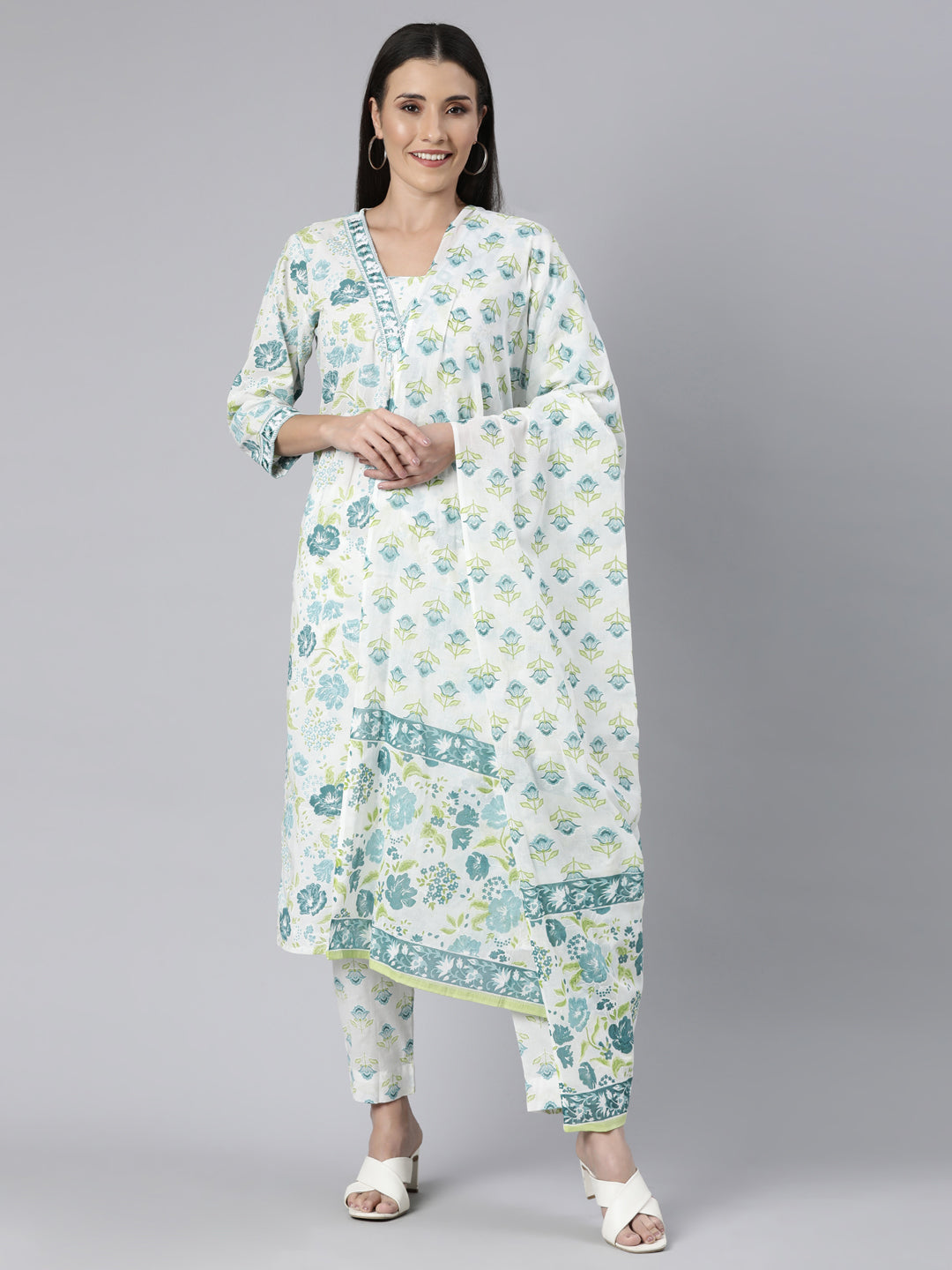 Neerus Green Regular Straight Floral Kurta And  Trousers With Dupatta