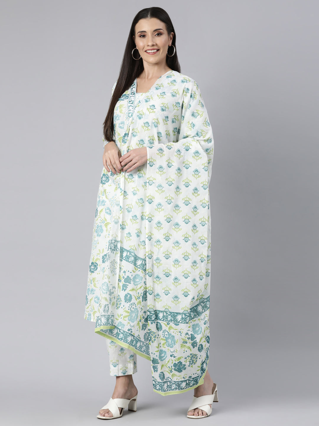 Neerus Green Regular Straight Floral Kurta And  Trousers With Dupatta