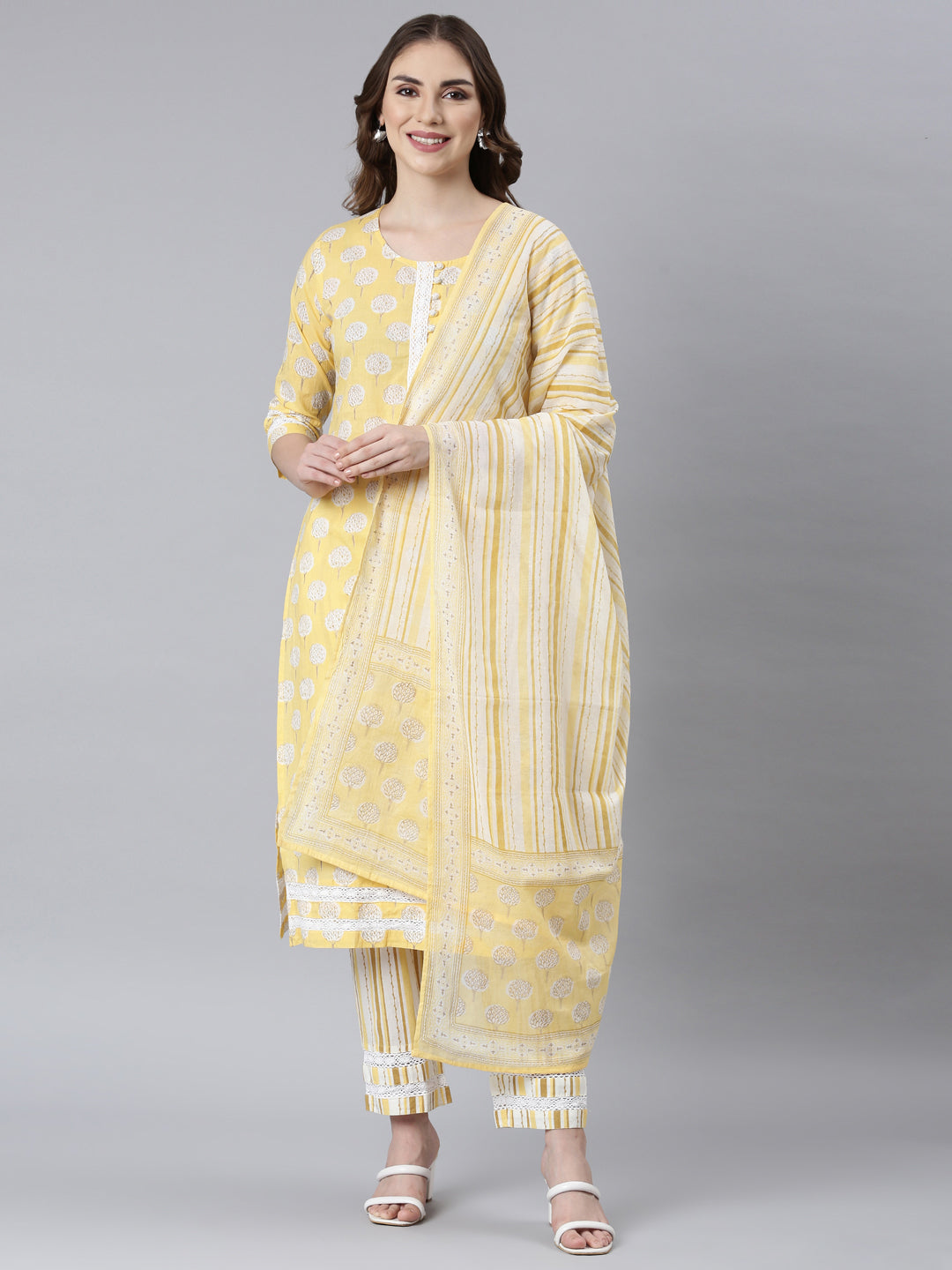 Neerus Yellow Panelled Straight Floral Kurta And Trousers With Dupatta