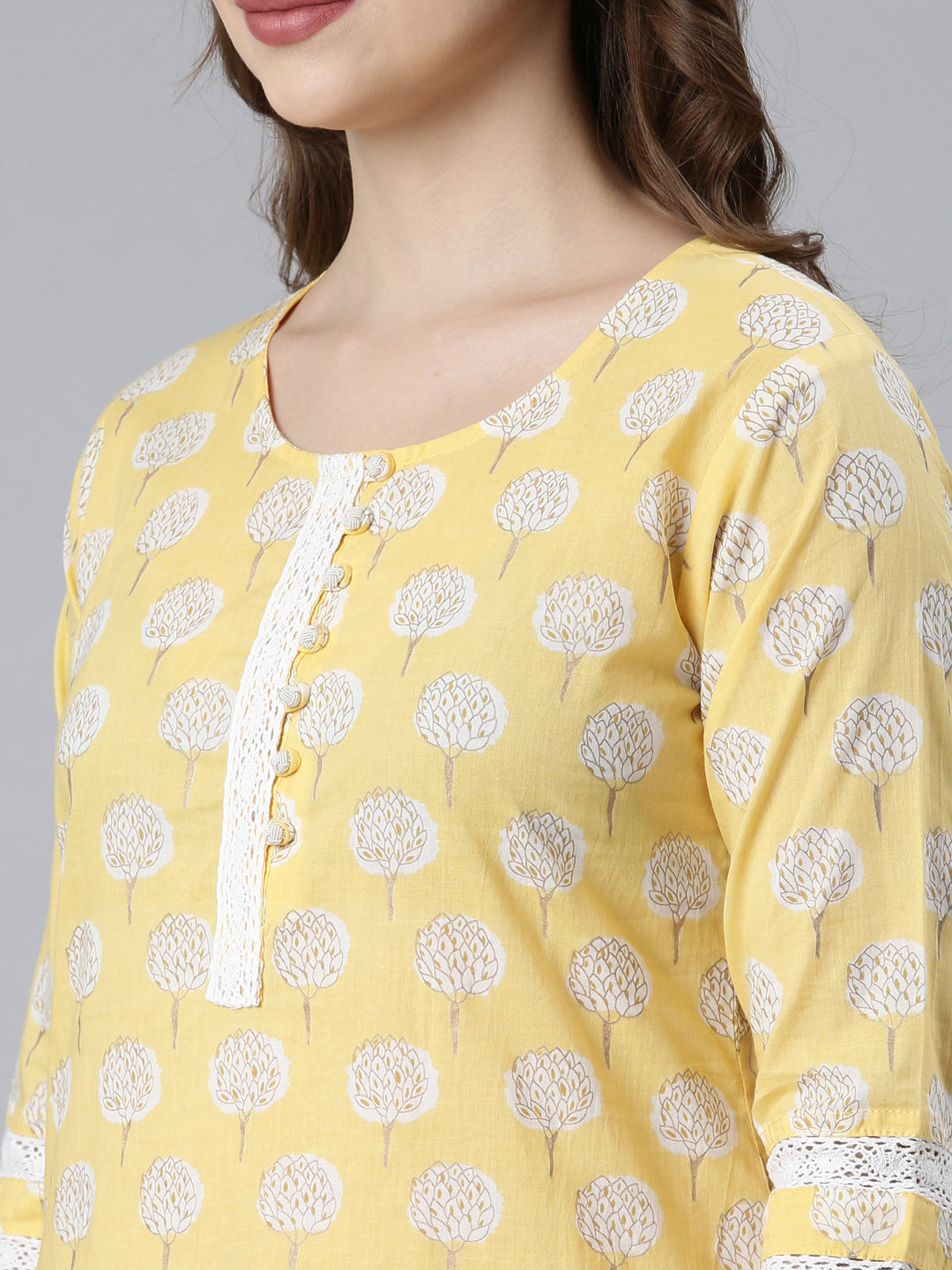 Neerus Yellow Panelled Straight Floral Kurta And Trousers With Dupatta