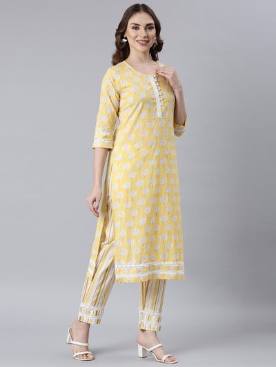 Neerus Yellow Panelled Straight Floral Kurta And Trousers With Dupatta