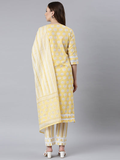 Neerus Yellow Panelled Straight Floral Kurta And Trousers With Dupatta