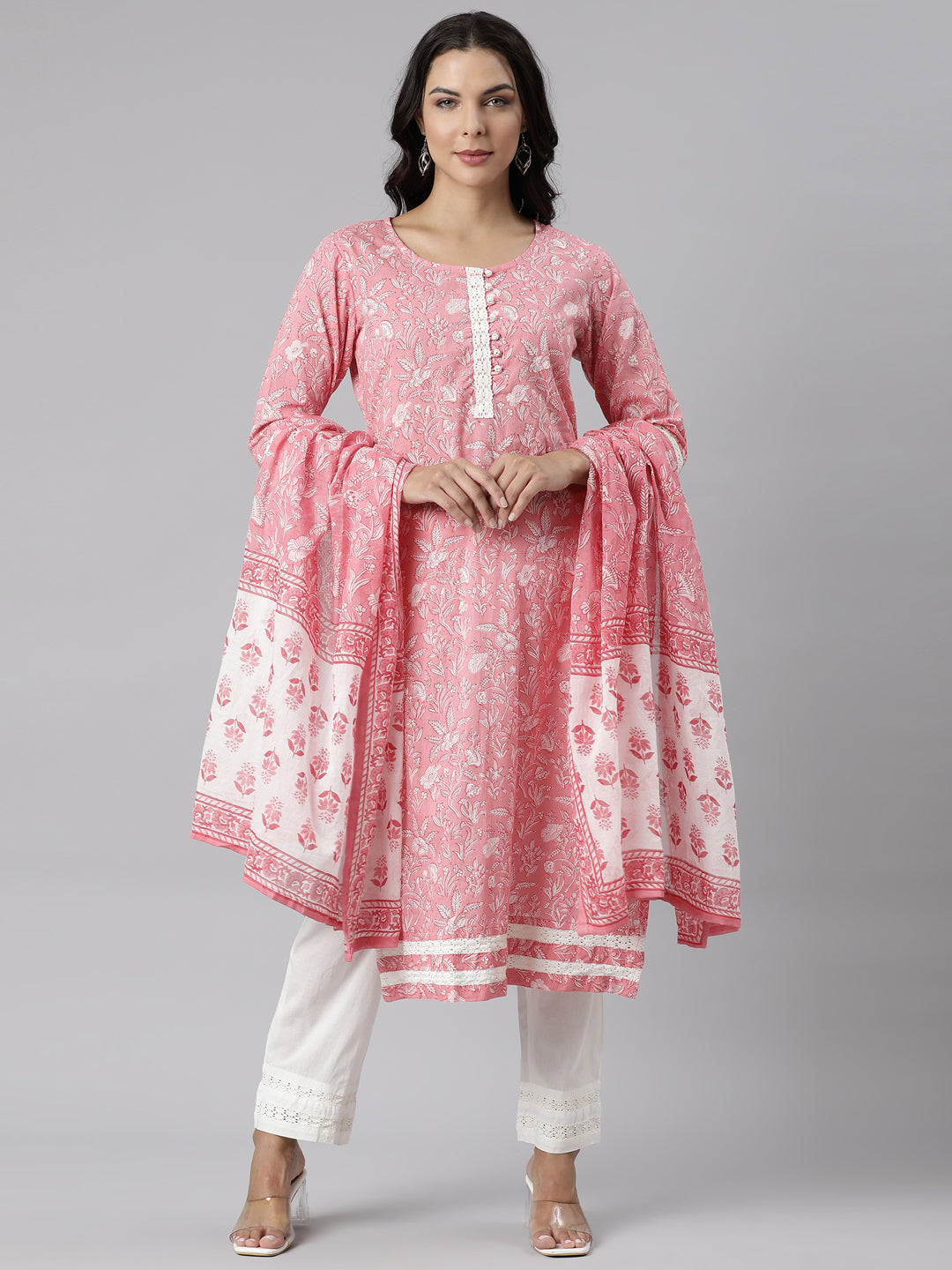 Neerus Pink Panelled Straight Printed Kurta And Trousers With Dupatta