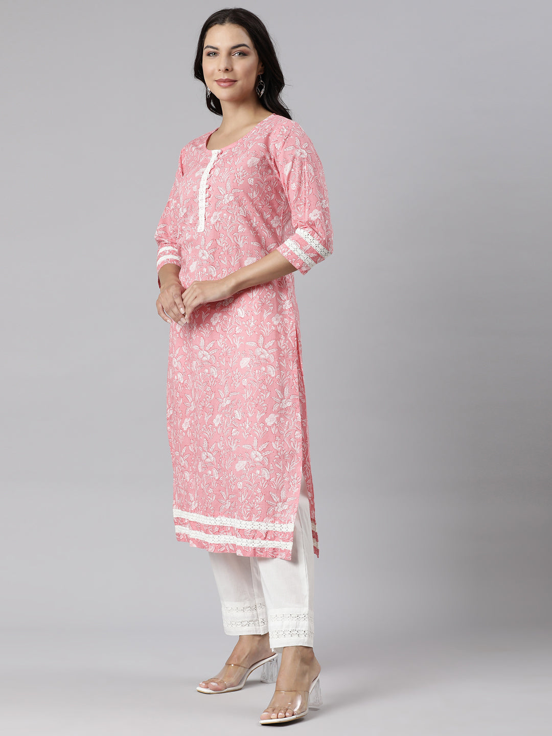 Neerus Pink Panelled Straight Printed Kurta And Trousers With Dupatta