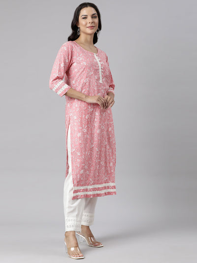 Neerus Pink Panelled Straight Printed Kurta And Trousers With Dupatta