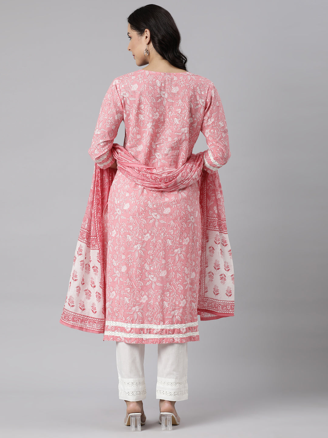 Neerus Pink Panelled Straight Printed Kurta And Trousers With Dupatta